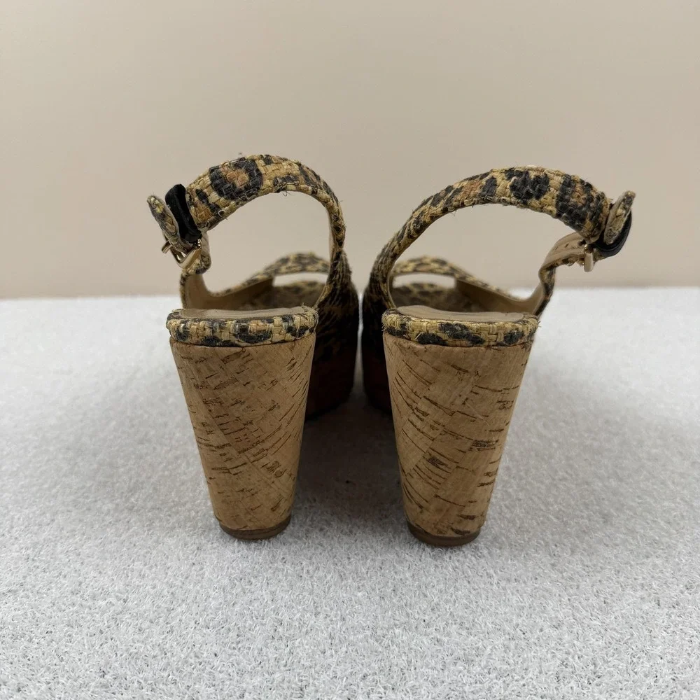 Stuart Weitzman Leopard Wedge Sandals‎ Womens Size 6.5 M Slingback Peep Toe Cork - Picture 6 of 8